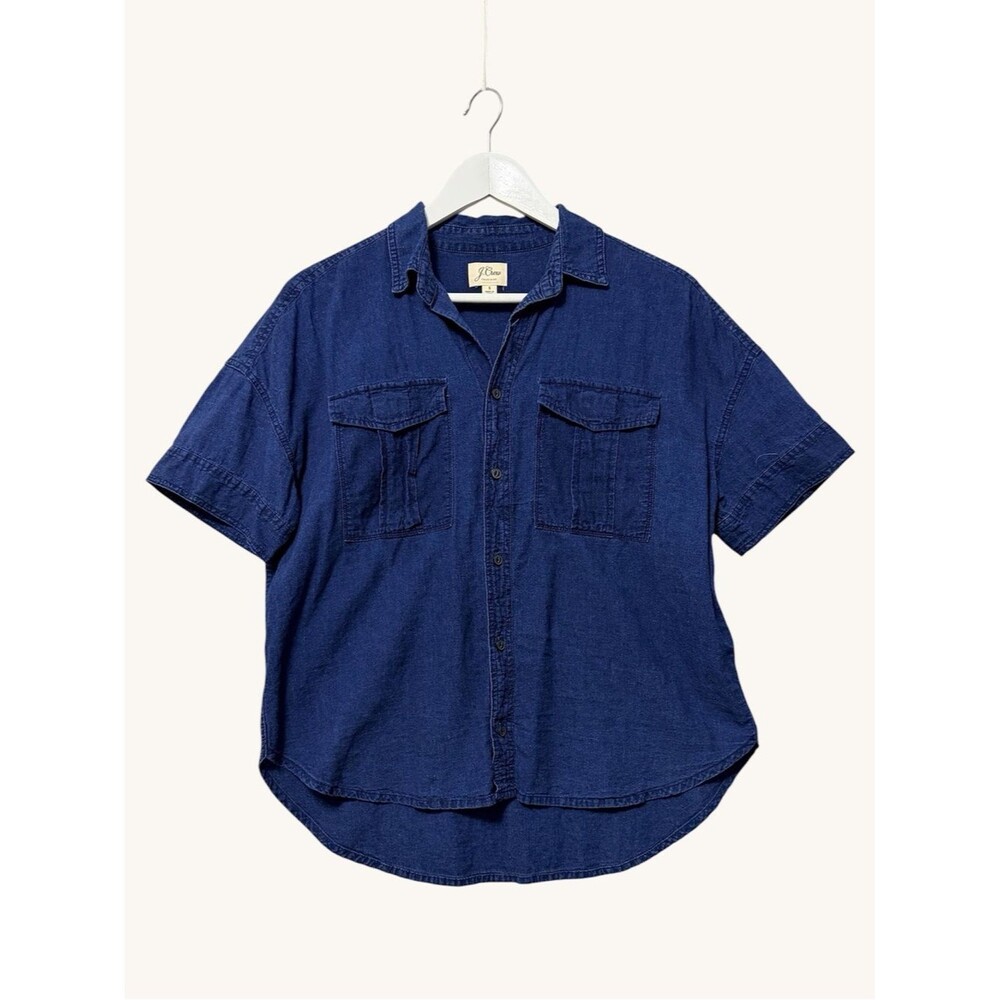 J. Crew Linen Blend Chambray Camp Shirt Size Small Boxy Oversized Short Sleeve